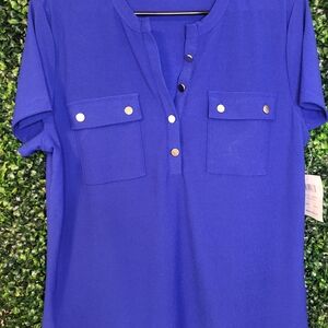 89th & Madison Blue Short Sleeve Buttoned Blouse